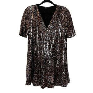 Zara Trf Sequins Animal Print V Neck Babydoll Tunic Dress w/Short Flutte…